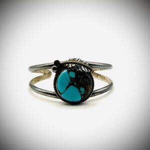 Vintage Sterling Turquoise Cuff Bracelet • Split-Shank Leaf Design • 30g